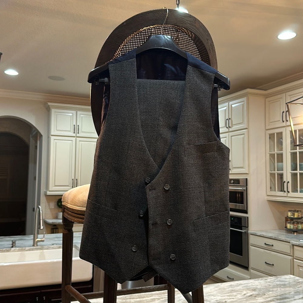 Men’s Designer Custom Vest • Grey Black Plaid•Navy Fully Lined •Adjustable Cinch